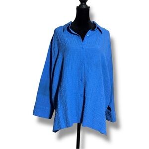 White Stag Royal Blue 3/4 Sleeve Collared Textured Loose Fit Button Down Shirt